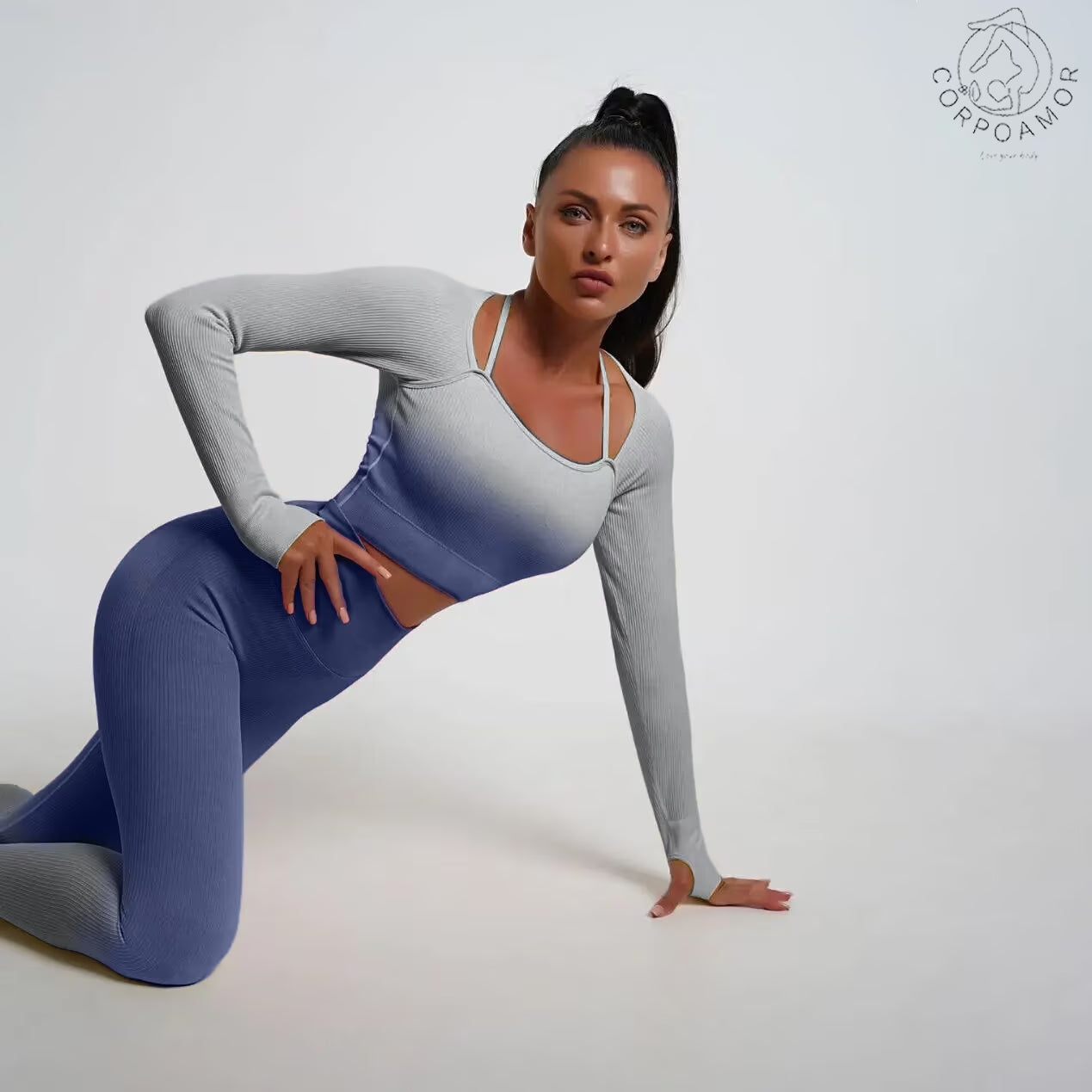 CORPOAMOR Women'S Fitness Clothing Gym Outfit and Yoga Workout Set Crop Top and High Waisted Leggings Ombre Gradient 2 Piece Set (Navy/Grey, Medium)