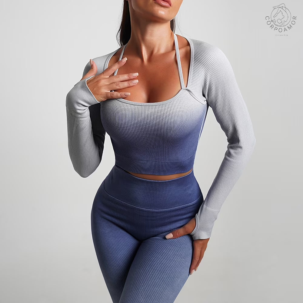 CORPOAMOR Women'S Fitness Clothing Gym Outfit and Yoga Workout Set Crop Top and High Waisted Leggings Ombre Gradient 2 Piece Set (Navy/Grey, Medium)