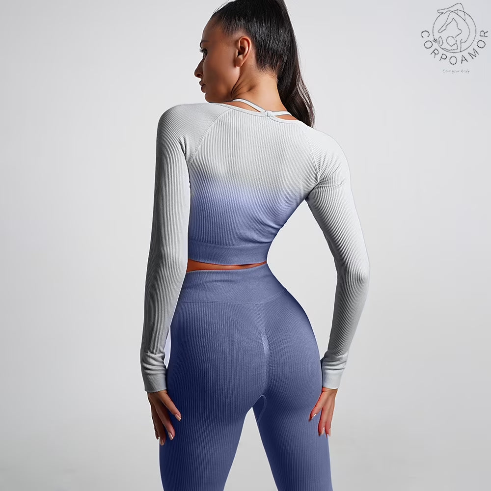 CORPOAMOR Women'S Fitness Clothing Gym Outfit and Yoga Workout Set Crop Top and High Waisted Leggings Ombre Gradient 2 Piece Set (Navy/Grey, Medium)