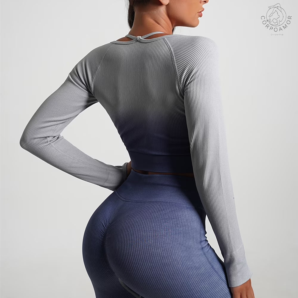 CORPOAMOR Women'S Fitness Clothing Gym Outfit and Yoga Workout Set Crop Top and High Waisted Leggings Ombre Gradient 2 Piece Set (Navy/Grey, Medium)