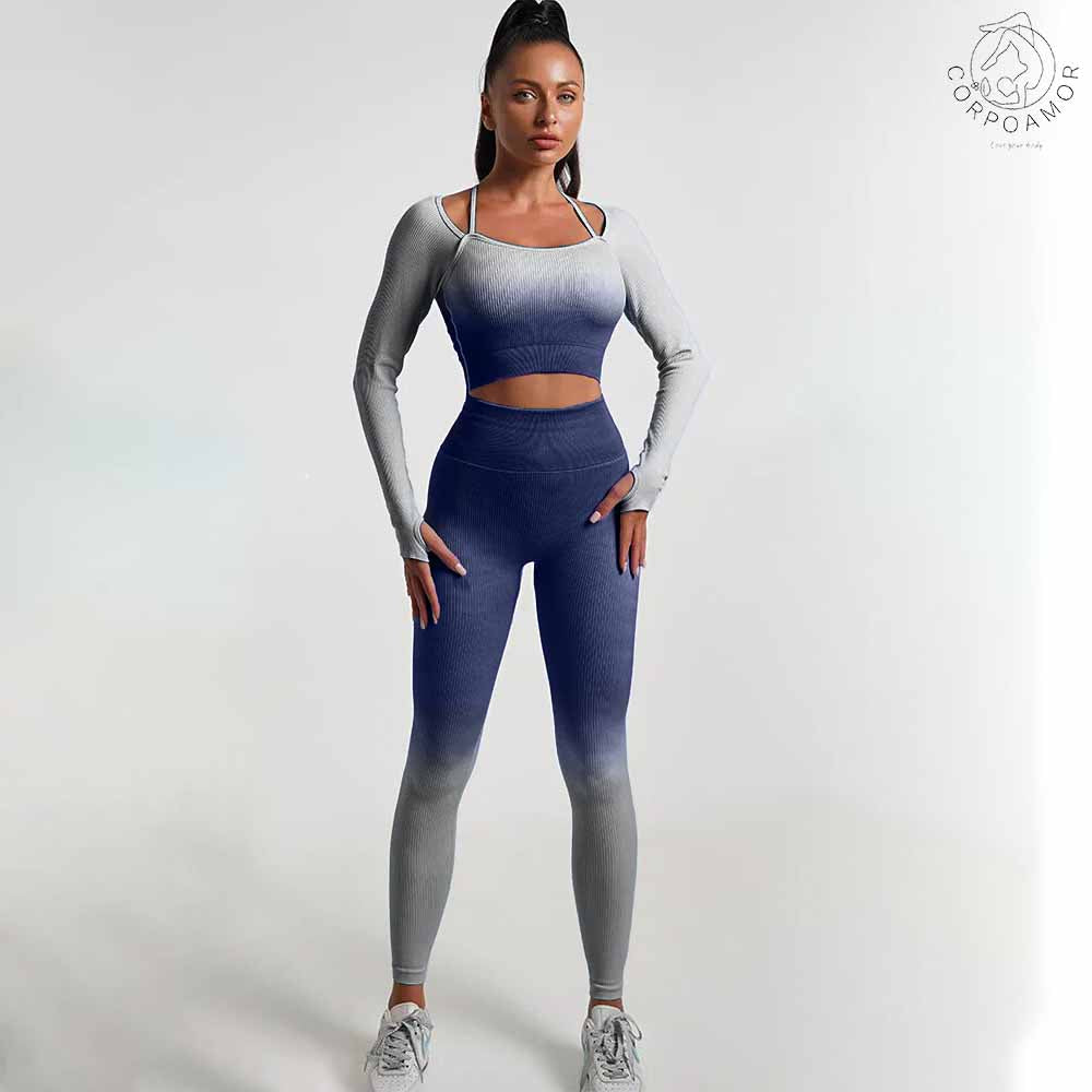 CORPOAMOR Women'S Fitness Clothing Gym Outfit and Yoga Workout Set Crop Top and High Waisted Leggings Ombre Gradient 2 Piece Set (Navy/Grey, Medium)