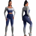 CORPOAMOR Women'S Fitness Clothing Gym Outfit and Yoga Workout Set Crop Top and High Waisted Leggings Ombre Gradient 2 Piece Set (Navy/Grey, Medium)